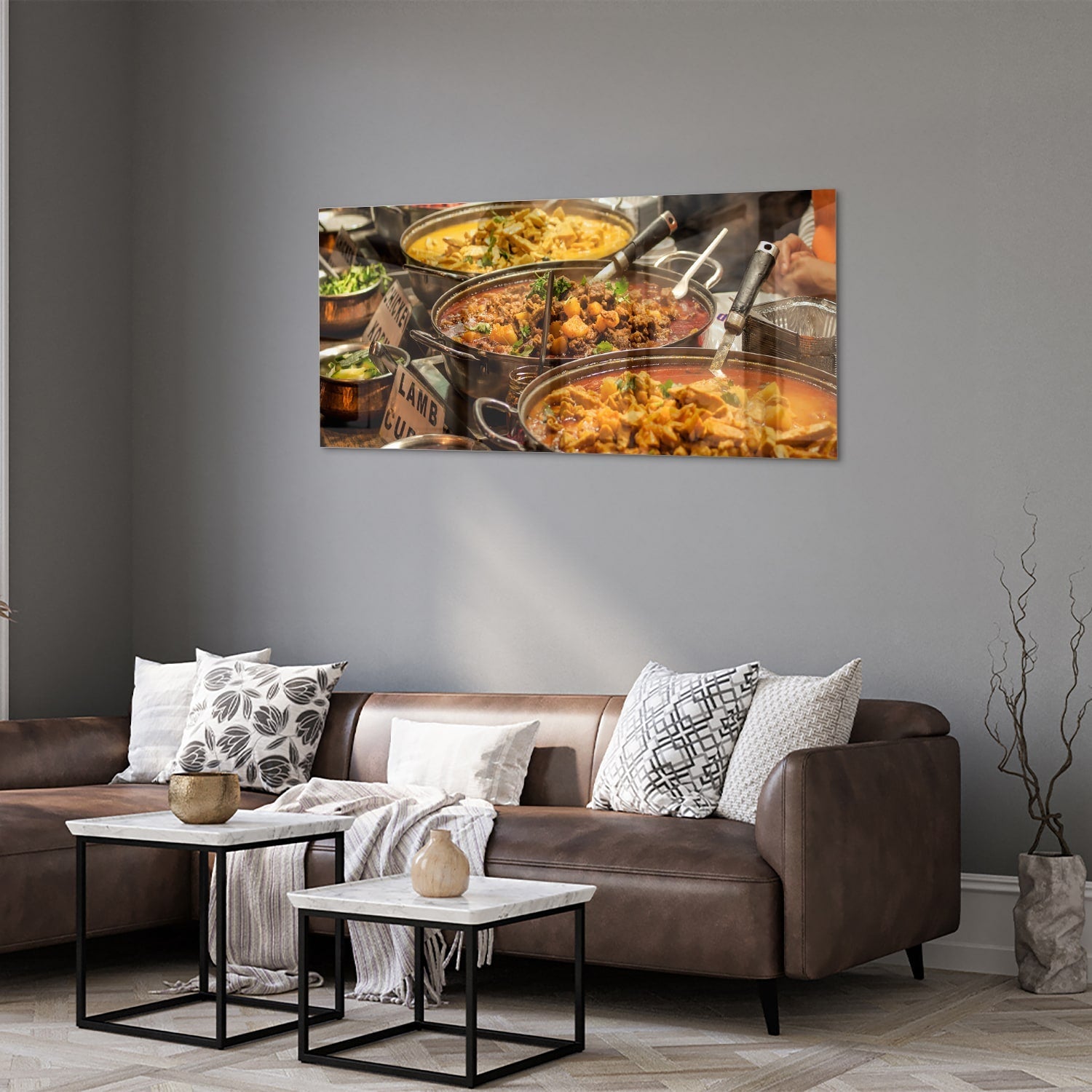 Farbenfrohes Glasbild mit indischem Essen – Glasbild aus Sicherheitsglas, Größe 40x40_rond