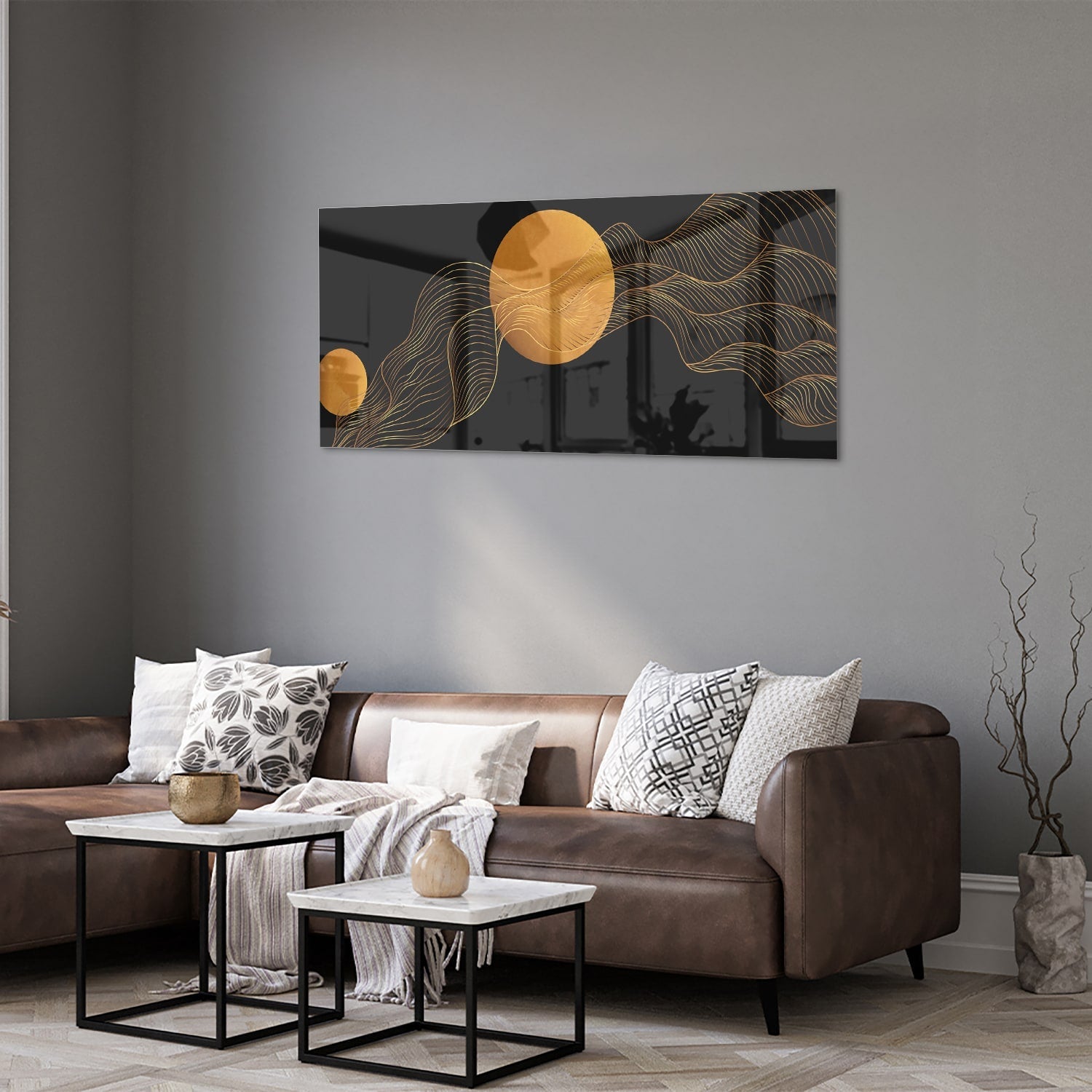 Abstraktes Glasbild mit goldener Sonne und schwarzem Design – Glasbild aus Sicherheitsglas, Größe 40x40_rond