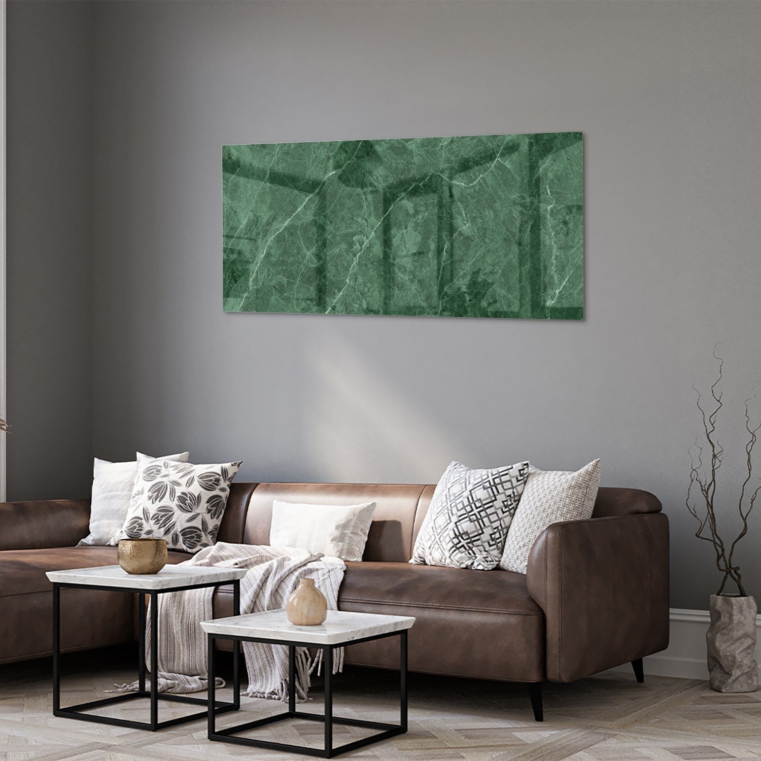 Grünes Glasbild mit Marmoroptik – Glasbild aus Sicherheitsglas, Größe 40x40_rond