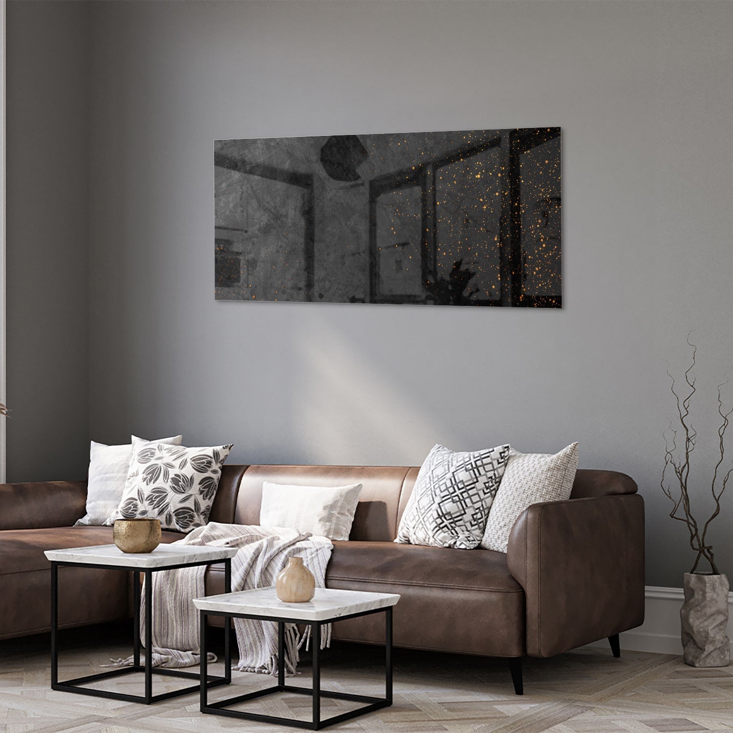 Modernes Glasbild mit dunklem Design und goldenen Akzenten – Glasbild aus Sicherheitsglas, Größe 40x40_rond