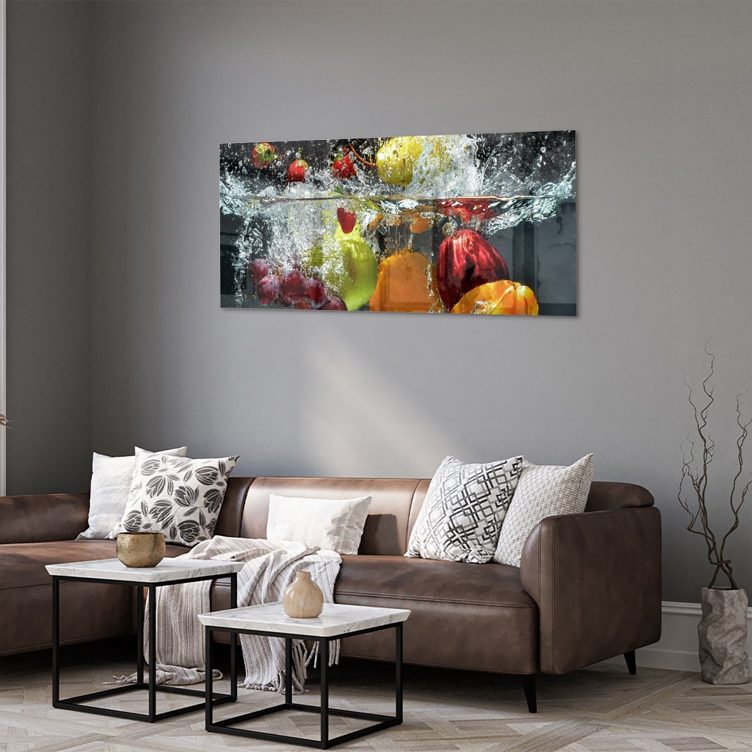 Leuchtendes Glasbild mit Früchten und Wassertropfen – Glasbild aus Sicherheitsglas, Größe 40x40_rond