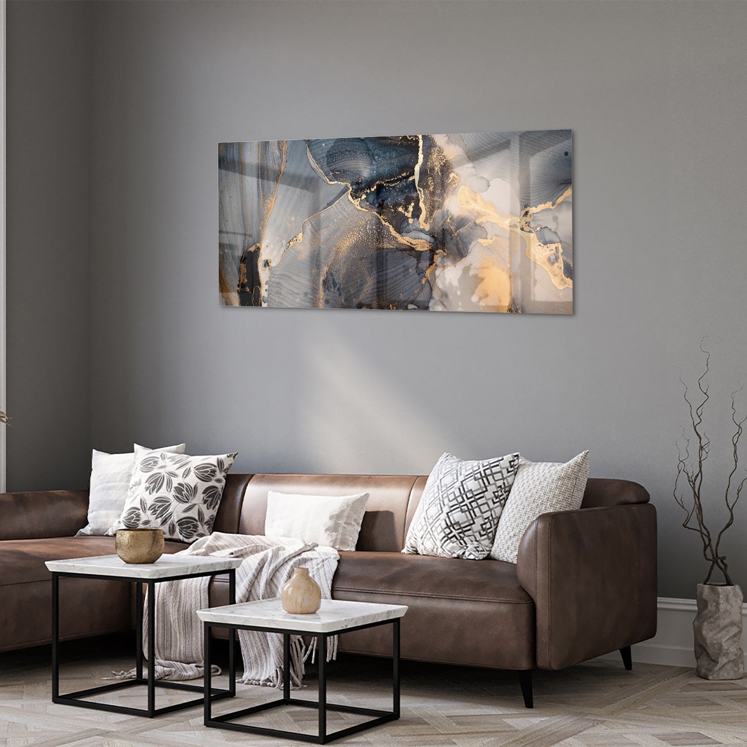 Elegantes Glasbild mit Blau und Gold – Glasbild aus Sicherheitsglas, Größe 40x40_rond