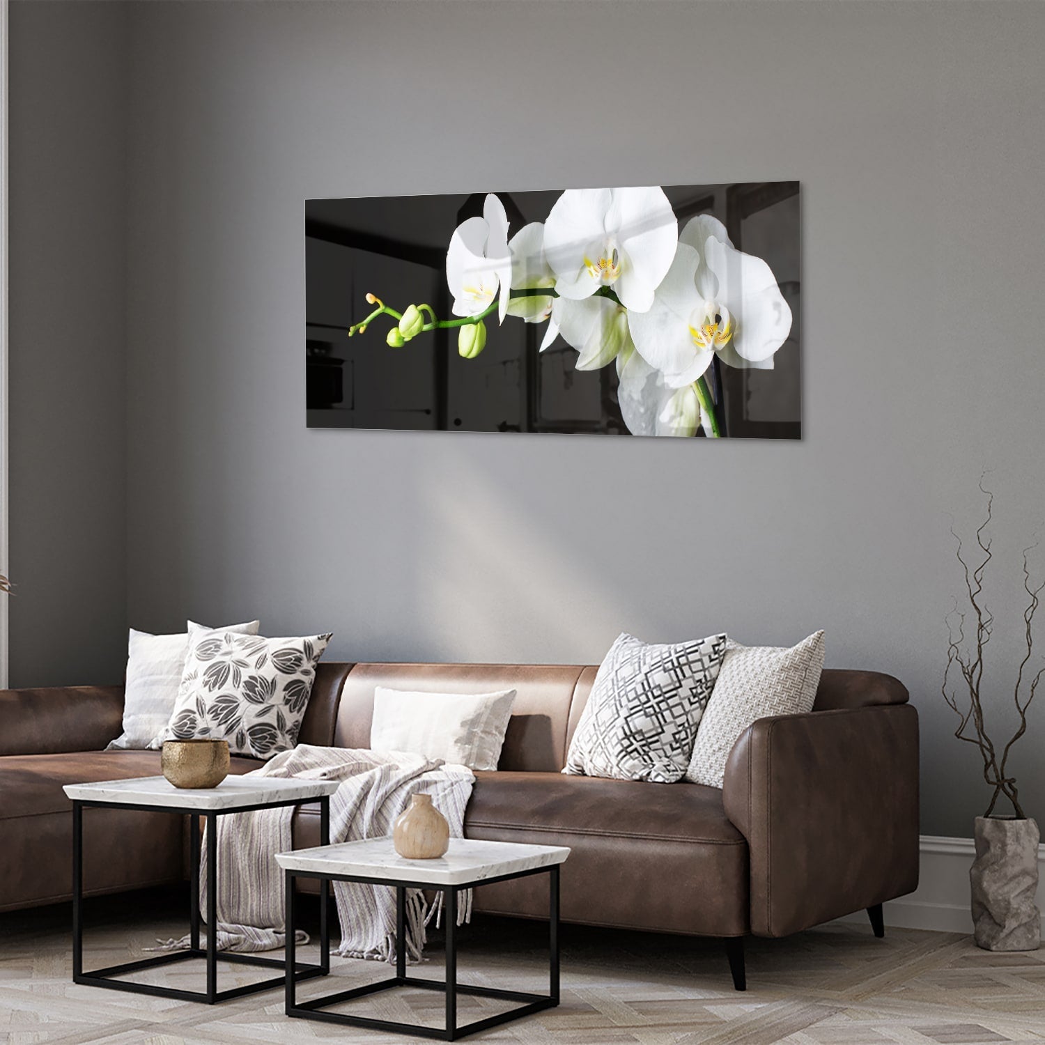 Elegantes Glasbild mit weißen Orchideen – Glasbild aus Sicherheitsglas, Größe 40x40_rond