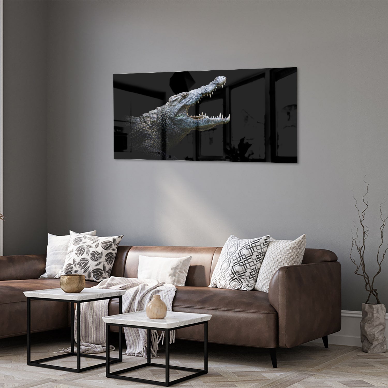 Beeindruckendes Glasbild mit einem Krokodil – Glasbild aus Sicherheitsglas, Größe 40x40_rond