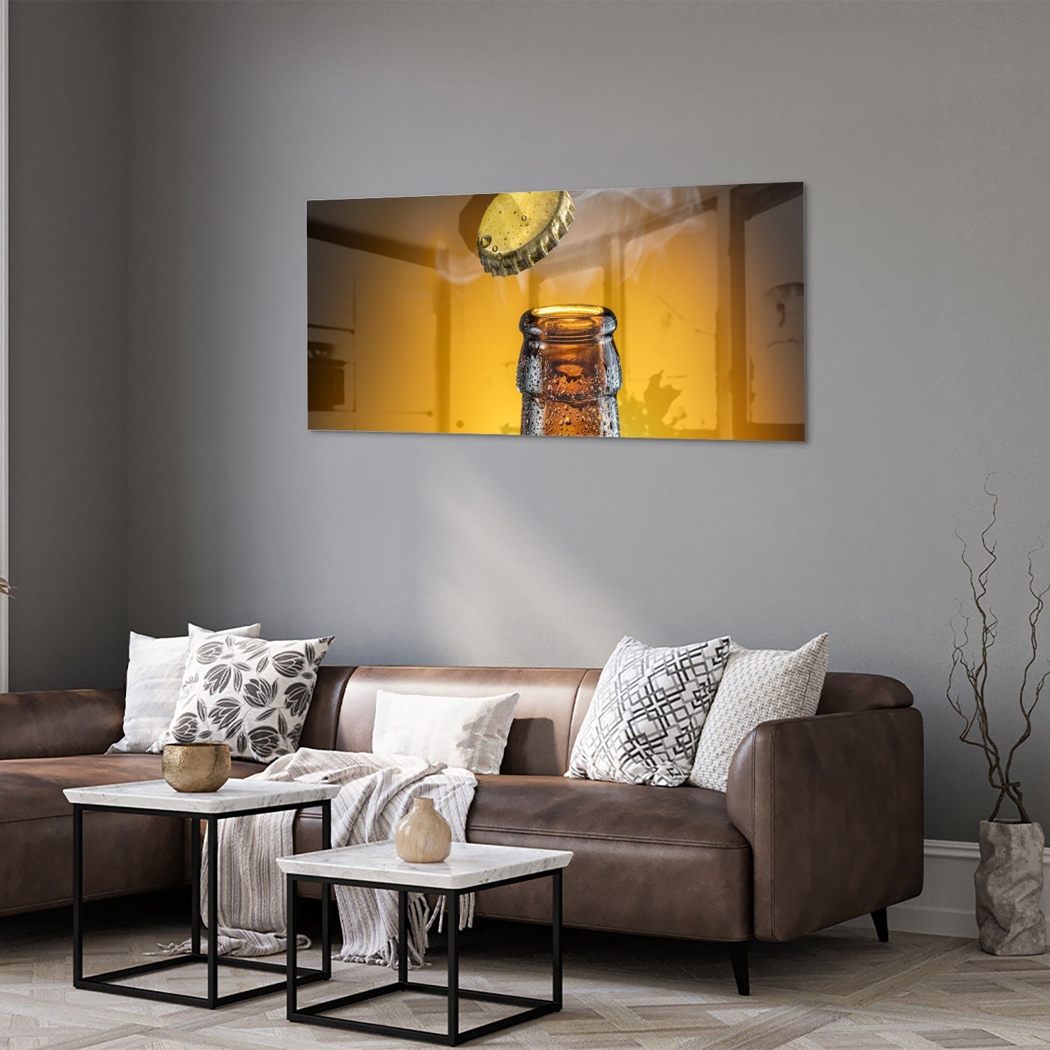 Glasbild mit aufsteigender Flasche und Verschluss – Glasbild aus Sicherheitsglas, Größe 40x40_rond