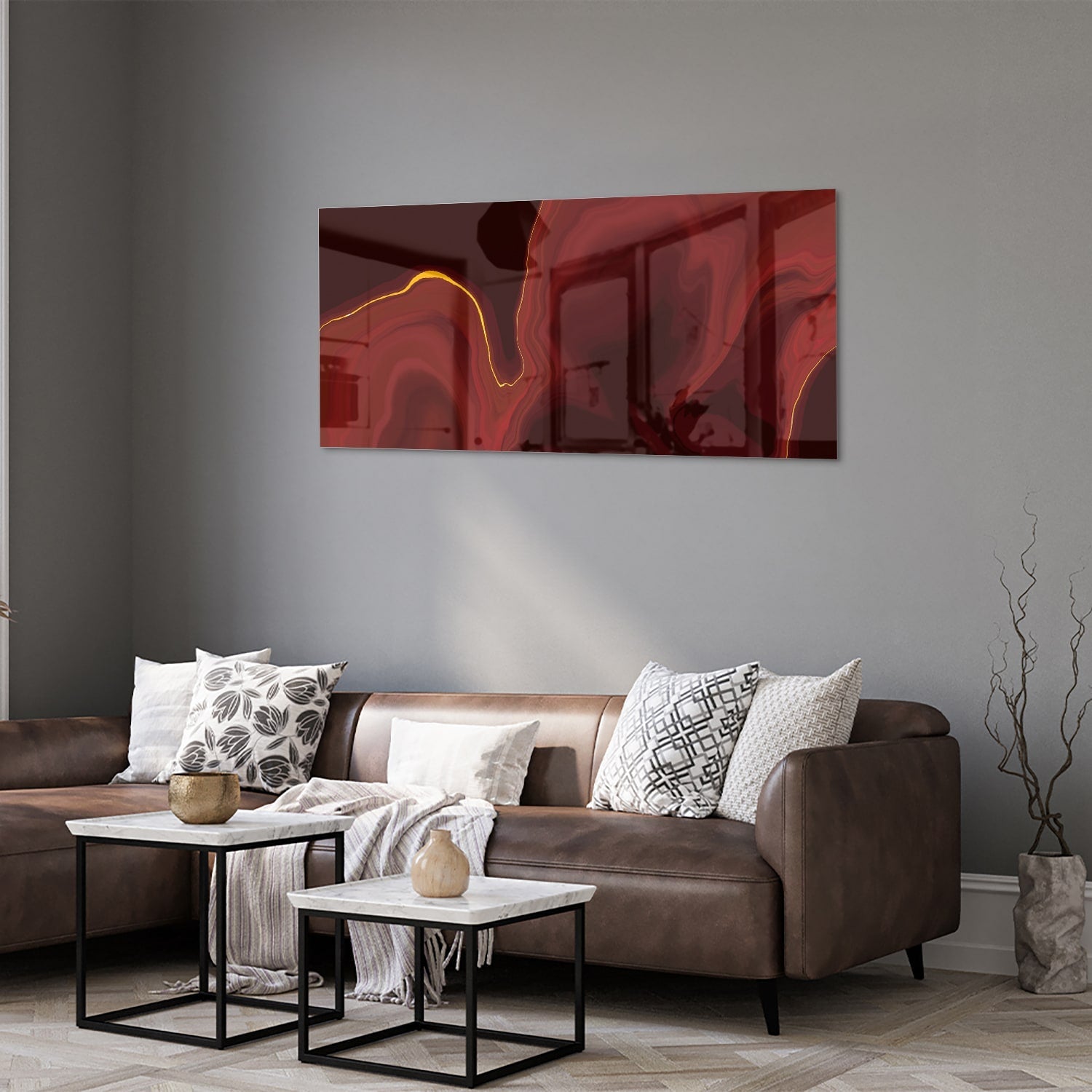 Abstraktes Glasbild mit warmen Rottönen – Glasbild aus Sicherheitsglas, Größe 40x40_rond