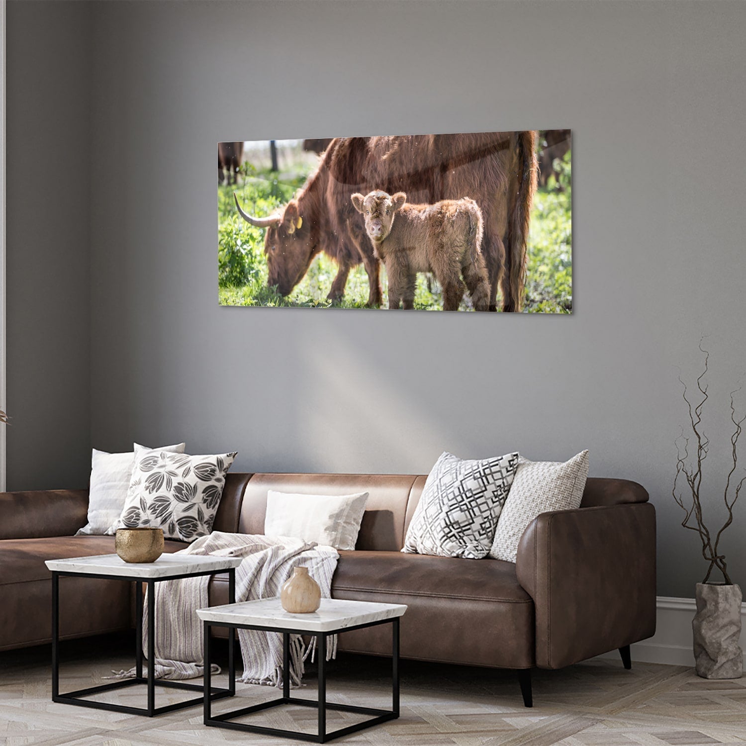 Glasbild mit Mutter und Kalb in der Natur – Glasbild aus Sicherheitsglas, Größe 40x40_rond
