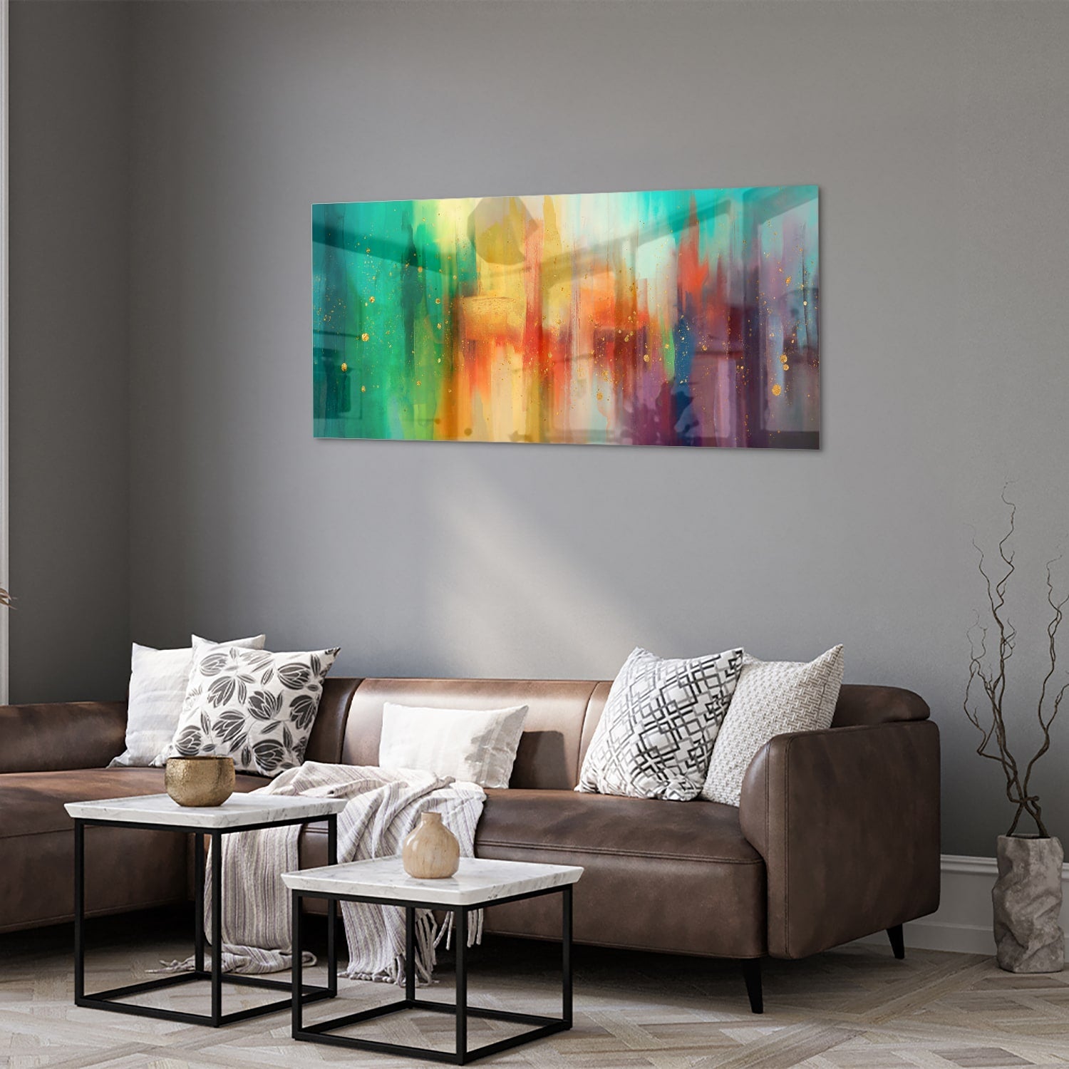 Farbenfrohes Glasbild mit abstrakten Formen – Glasbild aus Sicherheitsglas, Größe 40x40_rond