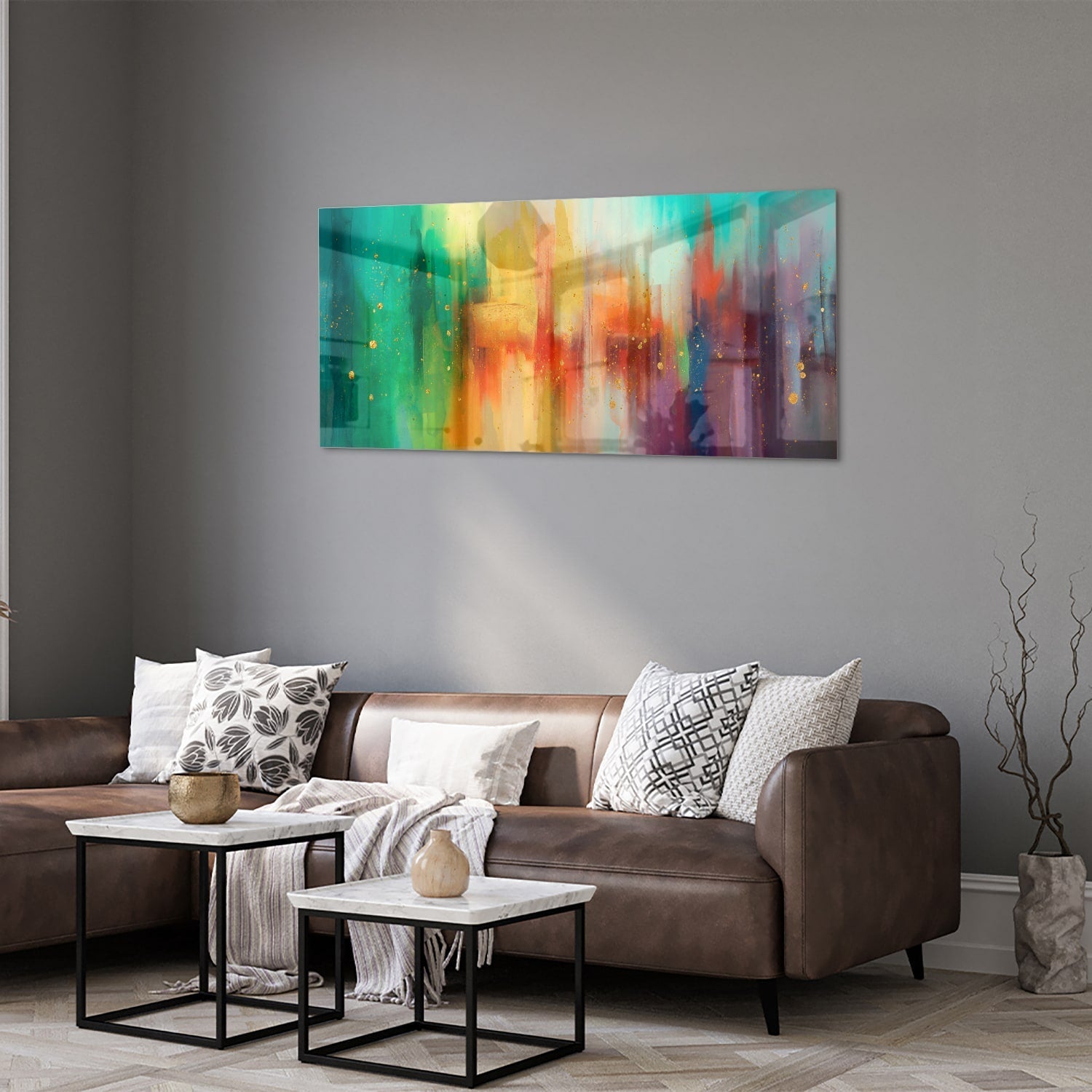 Farbenfrohes Glasbild mit abstraktes vormen als moderne Glas-Wanddekoration aus 4 mm Sicherheitsglas