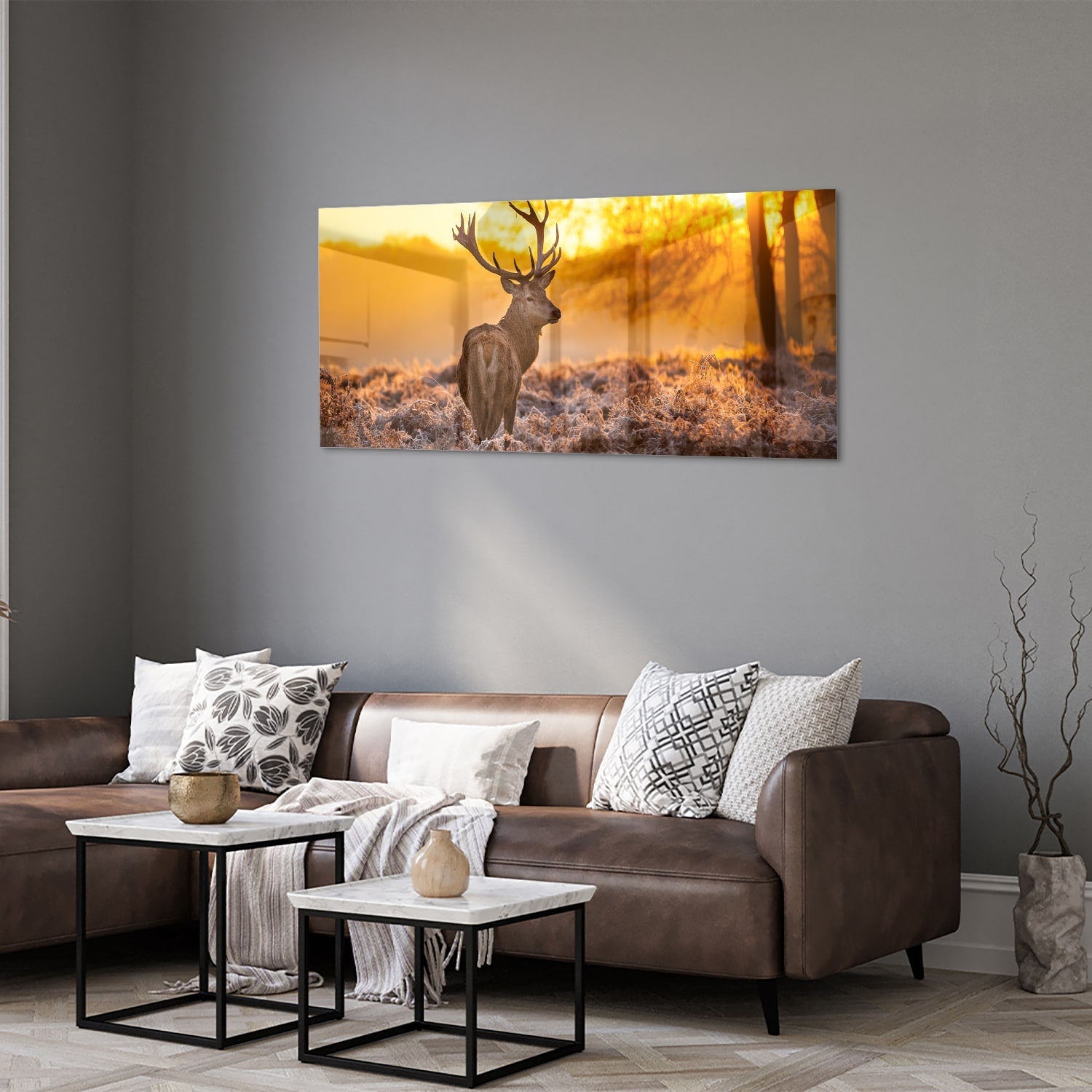 Glasbild mit einem Hirsch in der aufgehenden Sonne – Glasbild aus Sicherheitsglas, Größe 40x40_rond