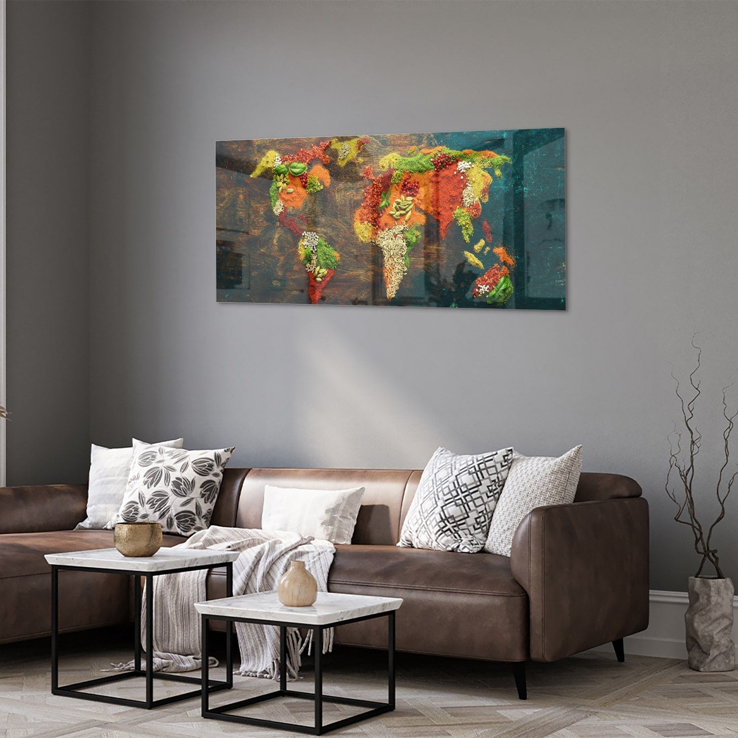 Einzigartiges Glasbild mit moderner Weltkarte – Glasbild aus Sicherheitsglas, Größe 40x40_rond