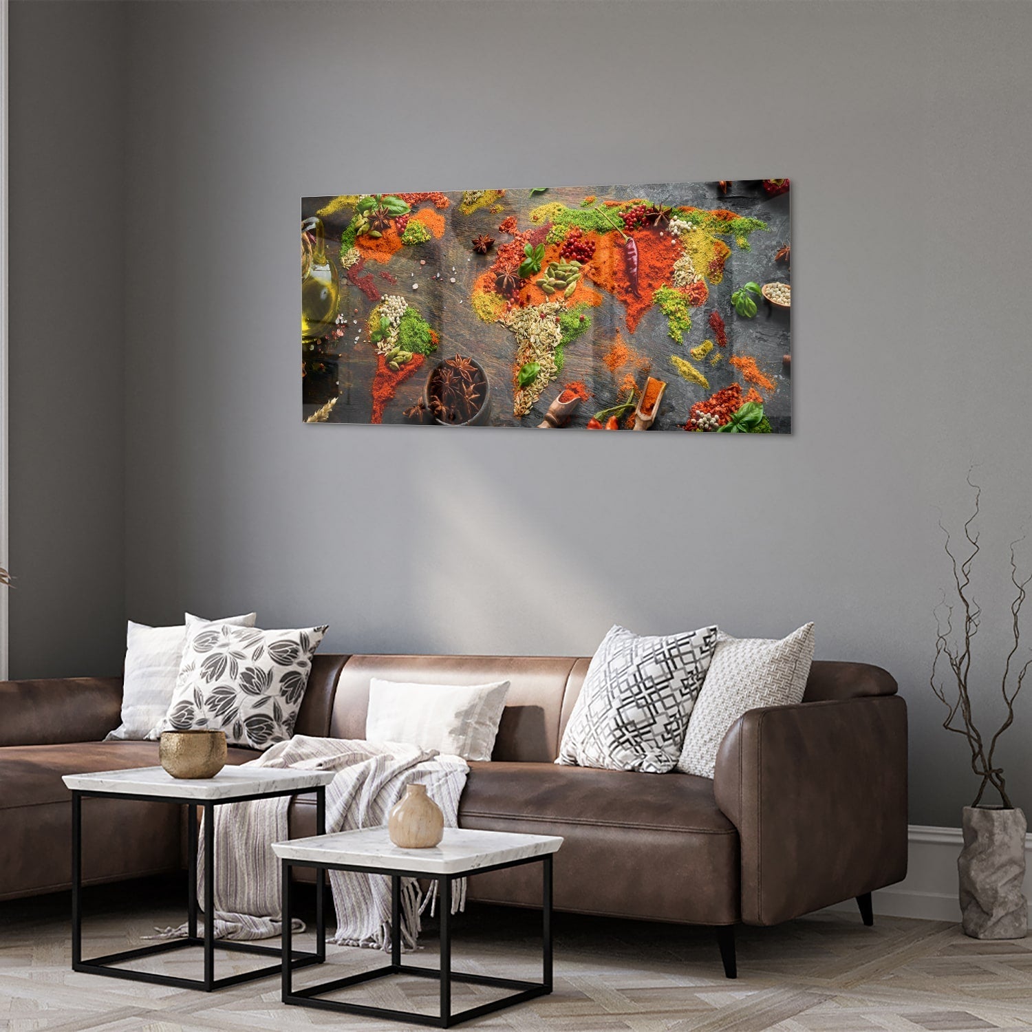 Farbenfrohes Glasbild mit Gewürzen und Gemüse – Glasbild aus Sicherheitsglas, Größe 40x40_rond