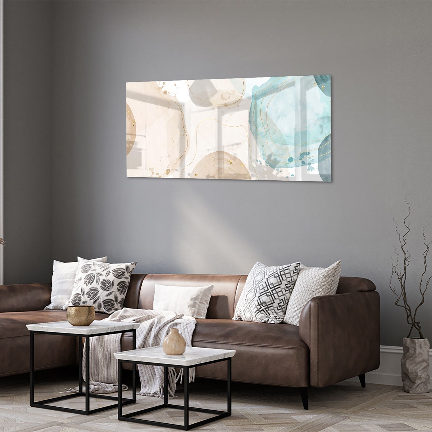 Elegantes Glasbild mit sanftem Aqua und goldenen Farbtönen – Glasbild aus Sicherheitsglas, Größe 40x40_rond