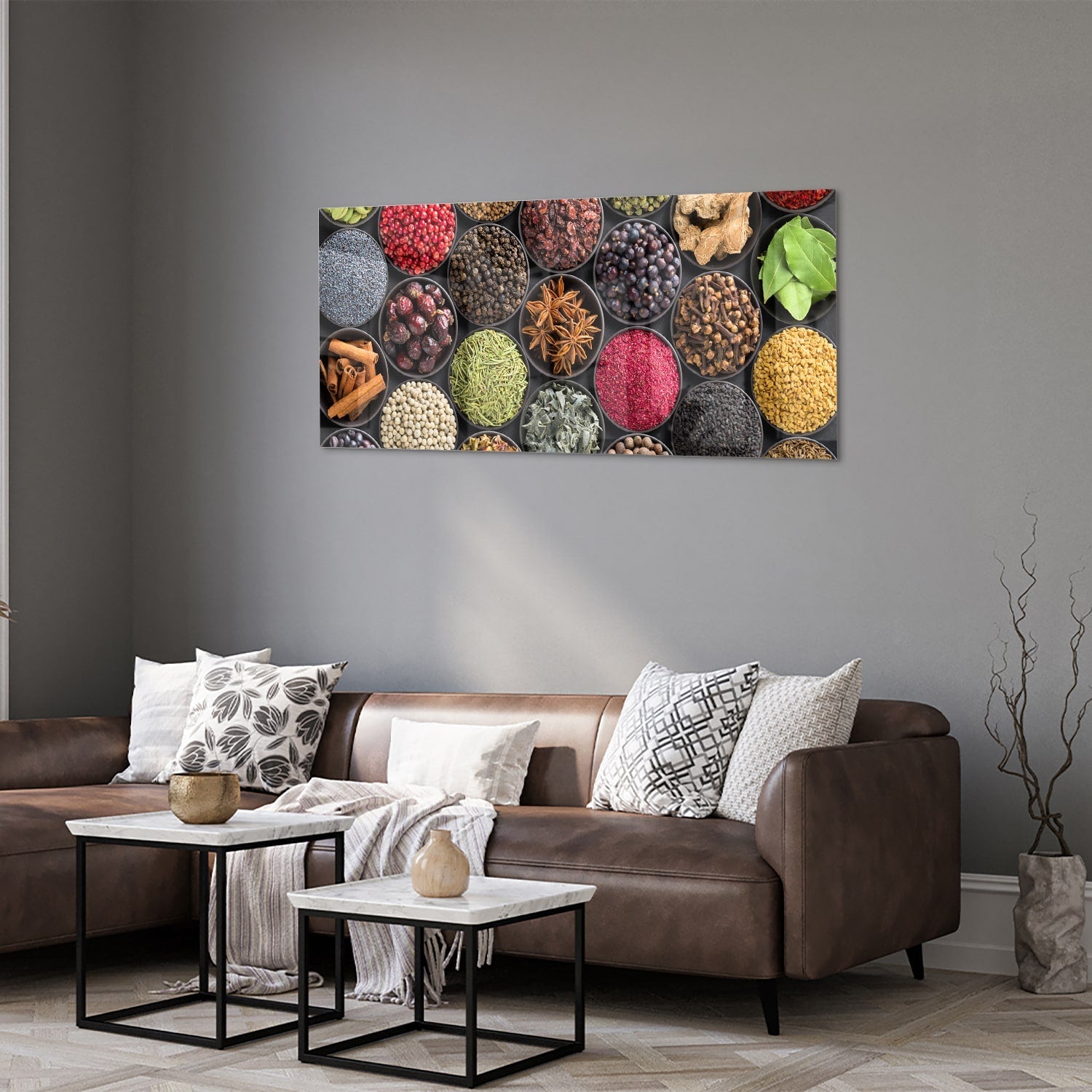 Farbenfrohes Glasbild mit Gewürzen und Kräutern – Glasbild aus Sicherheitsglas, Größe 40x40_rond