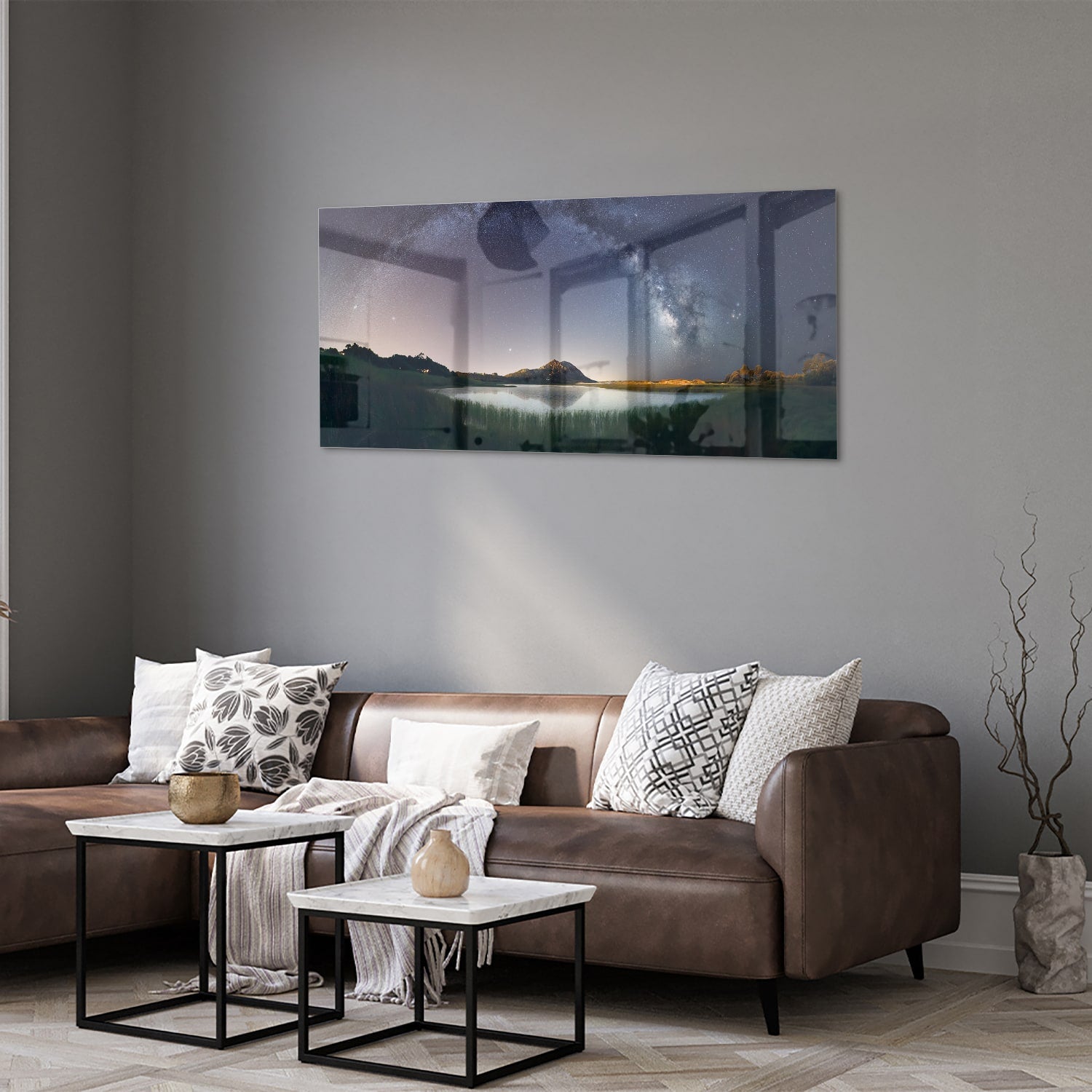 Glasbild: Sternenhimmel und Berge – Glasbild aus Sicherheitsglas, Größe 40x40_rond