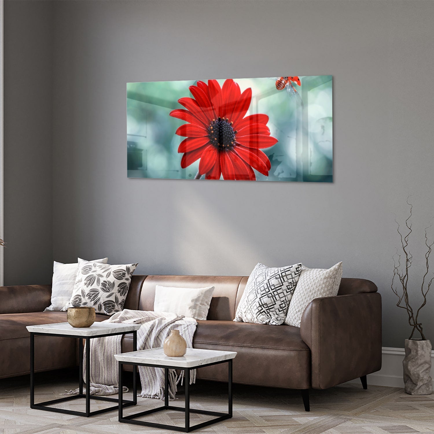 Beeindruckendes Glasbild mit einem roten Löwenzahn – Glasbild aus Sicherheitsglas, Größe 40x40_rond