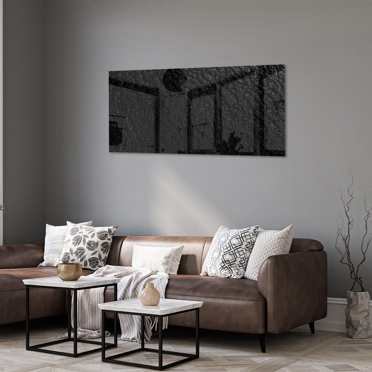 Elegantes schwarzes Glasbild für moderne Innenräume – Glasbild aus Sicherheitsglas, Größe 40x40_rond