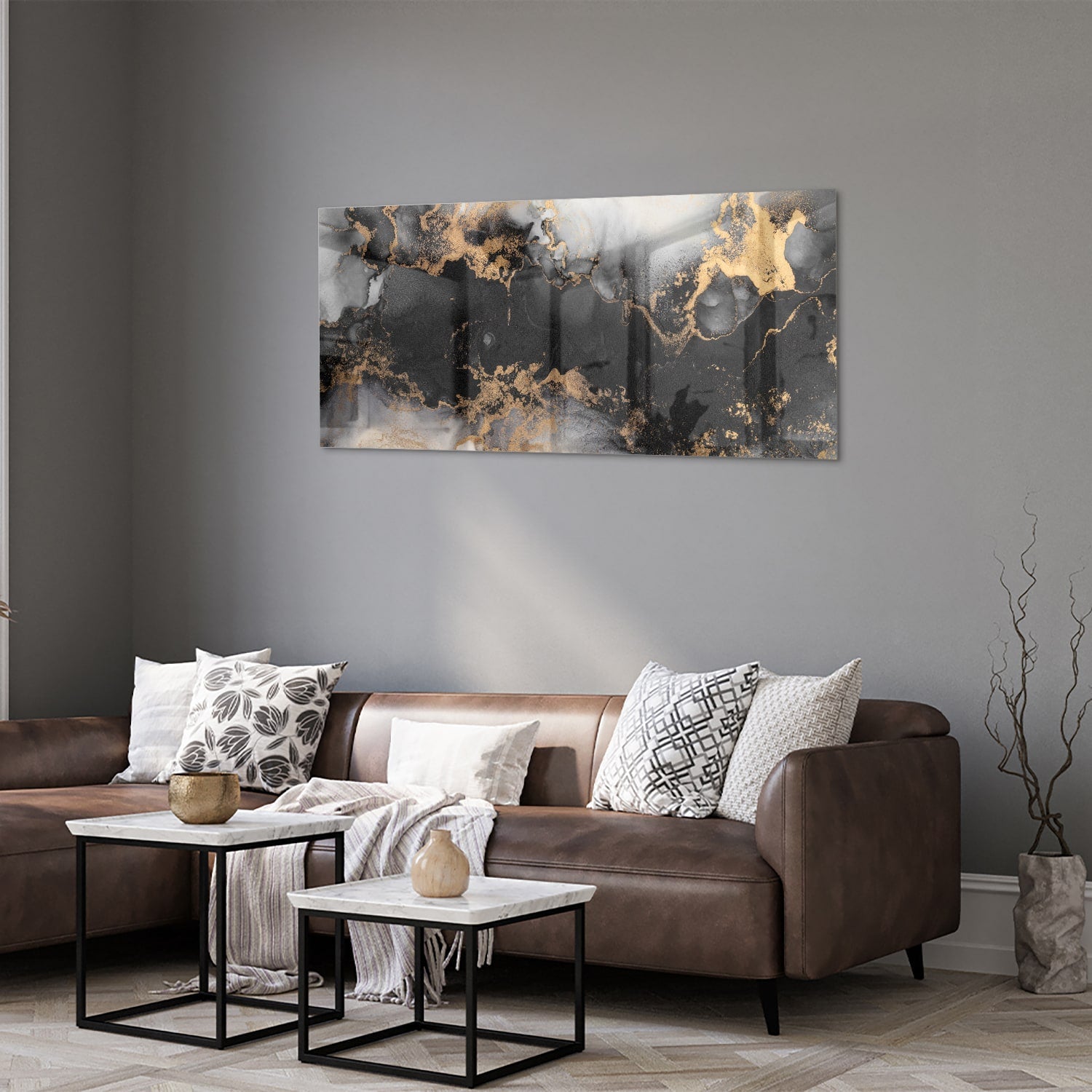Elegantes Glasbild mit Gold und Schwarz – Glasbild aus Sicherheitsglas, Größe 40x40_rond