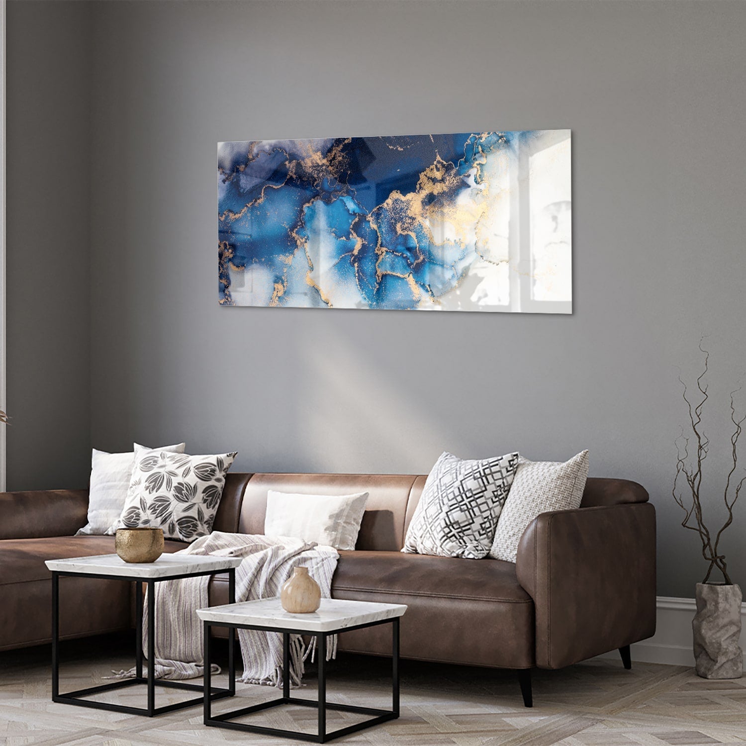 Mehrschichtiges Glasbild in Blau und Gold – Glasbild aus Sicherheitsglas, Größe 40x40_rond