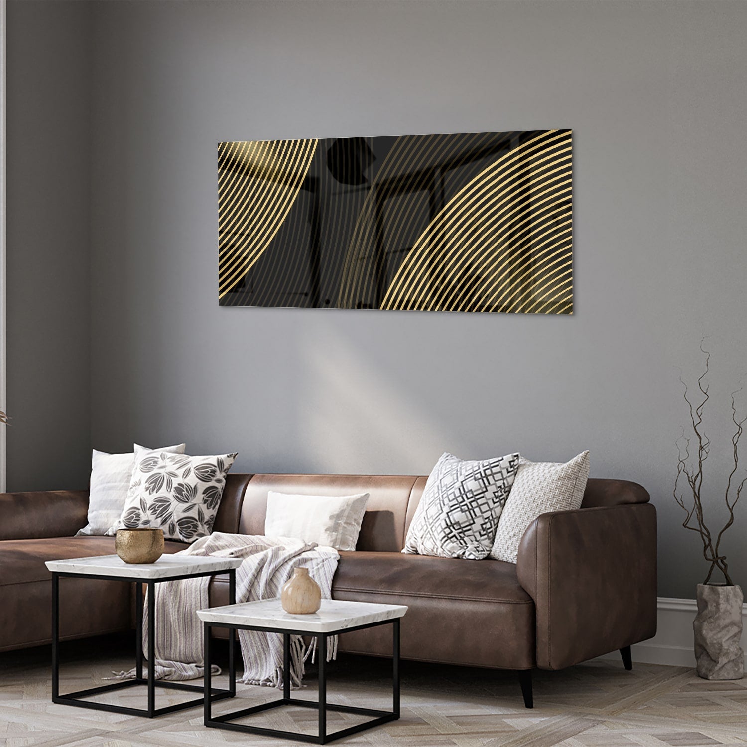 Geradliniges Glasbild mit goldenen Linien – Glasbild aus Sicherheitsglas, Größe 40x40_rond