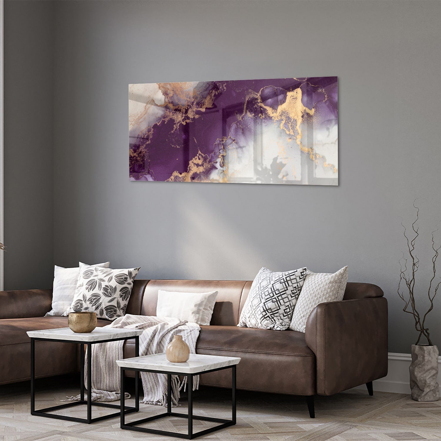 Violettes Glasbild mit goldenen Akzenten – Glasbild aus Sicherheitsglas, Größe 40x40_rond