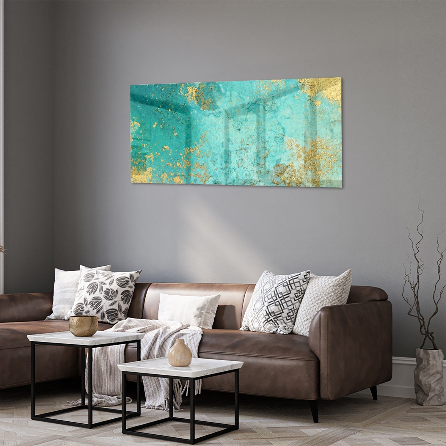 Glasbild mit goldenen Akzenten auf Türkis – Glasbild aus Sicherheitsglas, Größe 40x40_rond