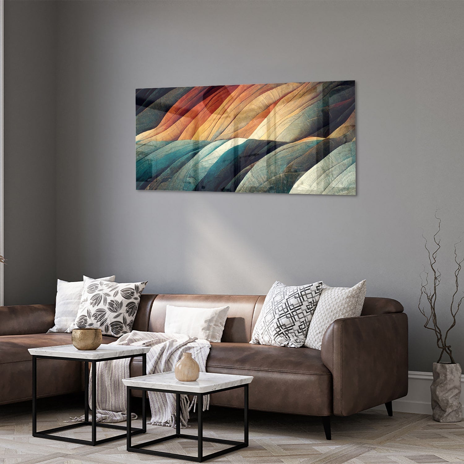 Abstraktes Glasbild mit farbenfrohen Wellen – Glasbild aus Sicherheitsglas, Größe 40x40_rond