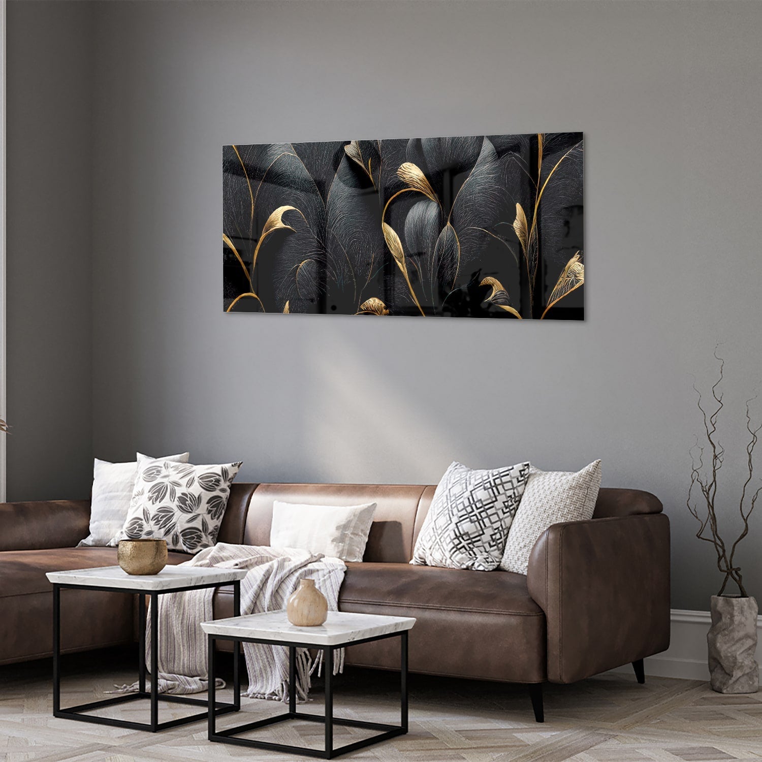 Elegantes Glasbild mit goldenen Blättern – Glasbild aus Sicherheitsglas, Größe 40x40_rond