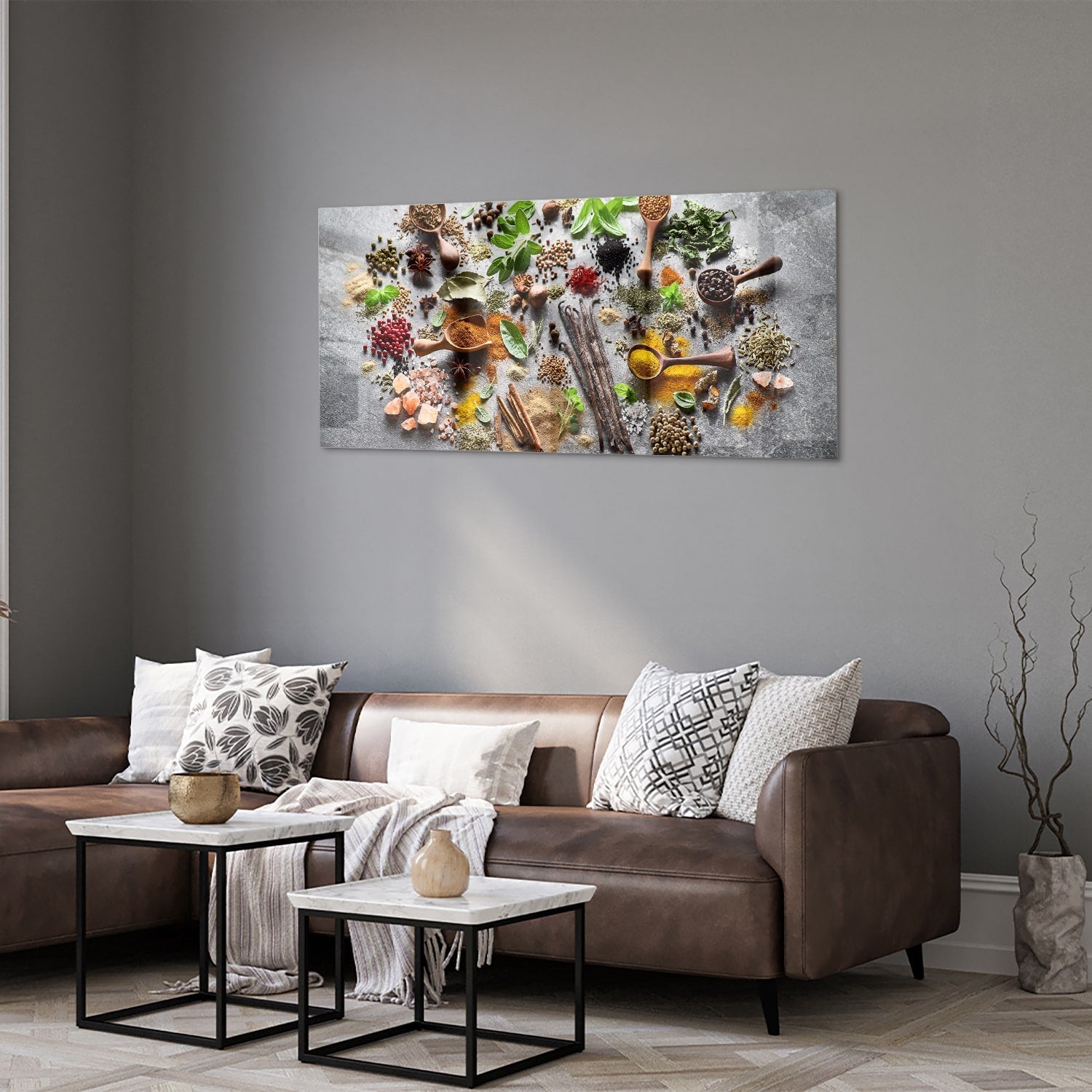 Farbenfrohes Glasbild mit Kräutern und Gewürzen – Glasbild aus Sicherheitsglas, Größe 40x40_rond
