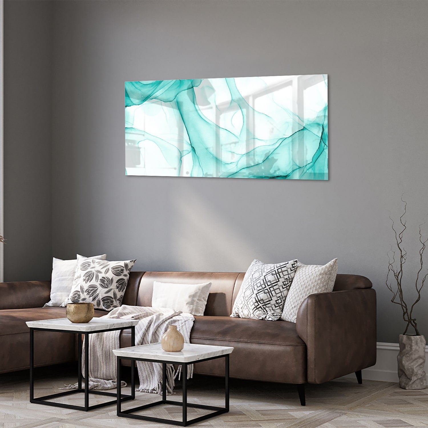 Hellblaues abstraktes Glasbild für elegante Innenräume – Glasbild aus Sicherheitsglas, Größe 40x40_rond