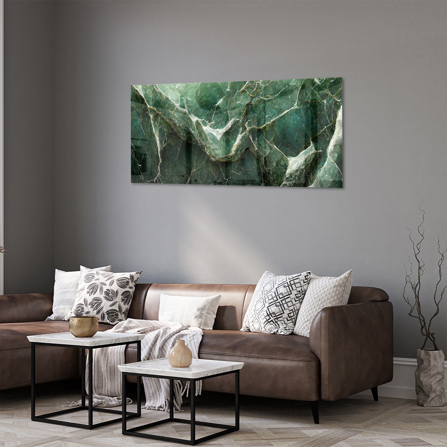 Glasbild mit grüner Marmoroptik – Glasbild aus Sicherheitsglas, Größe 40x40_rond