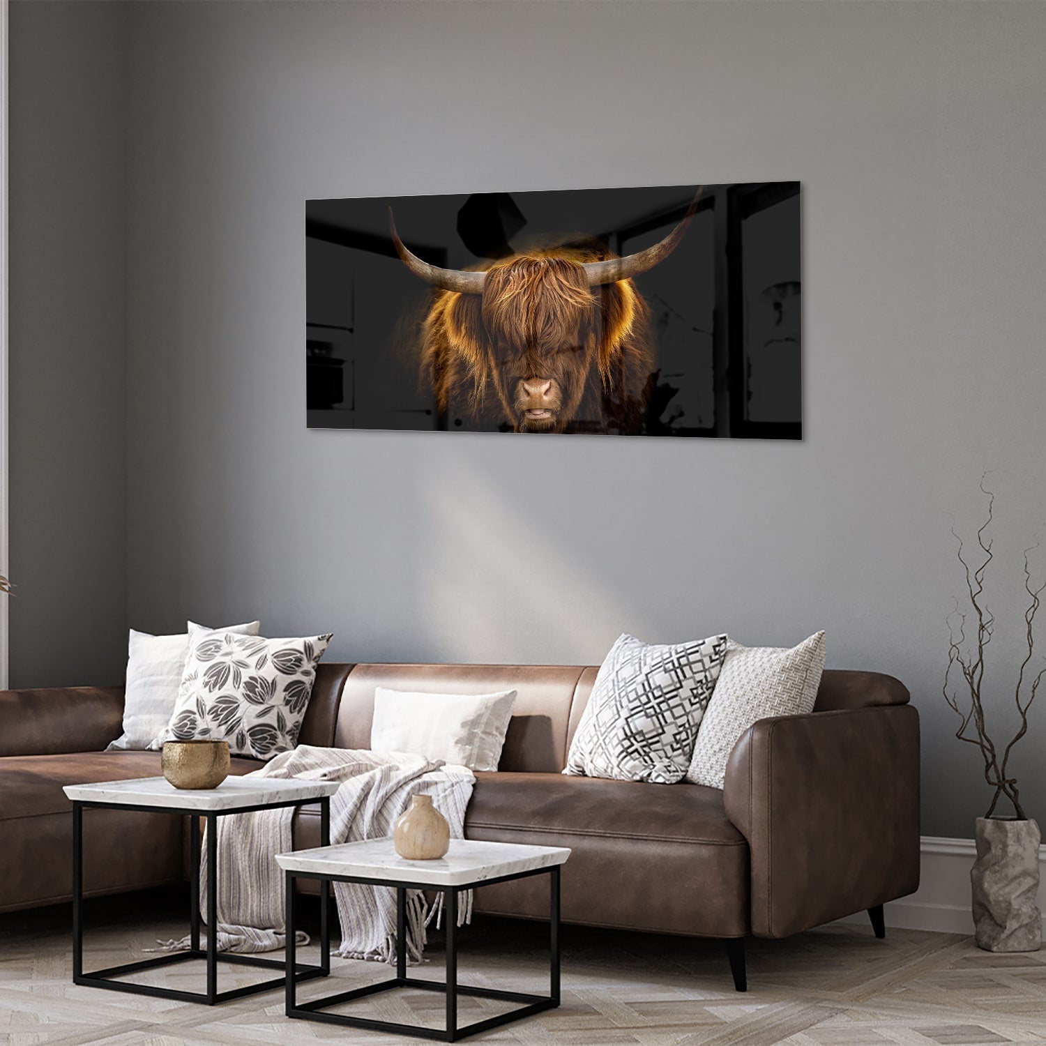 Beeindruckendes Glasbild mit Highland-Rind – Glasbild aus Sicherheitsglas, Größe 40x40_rond