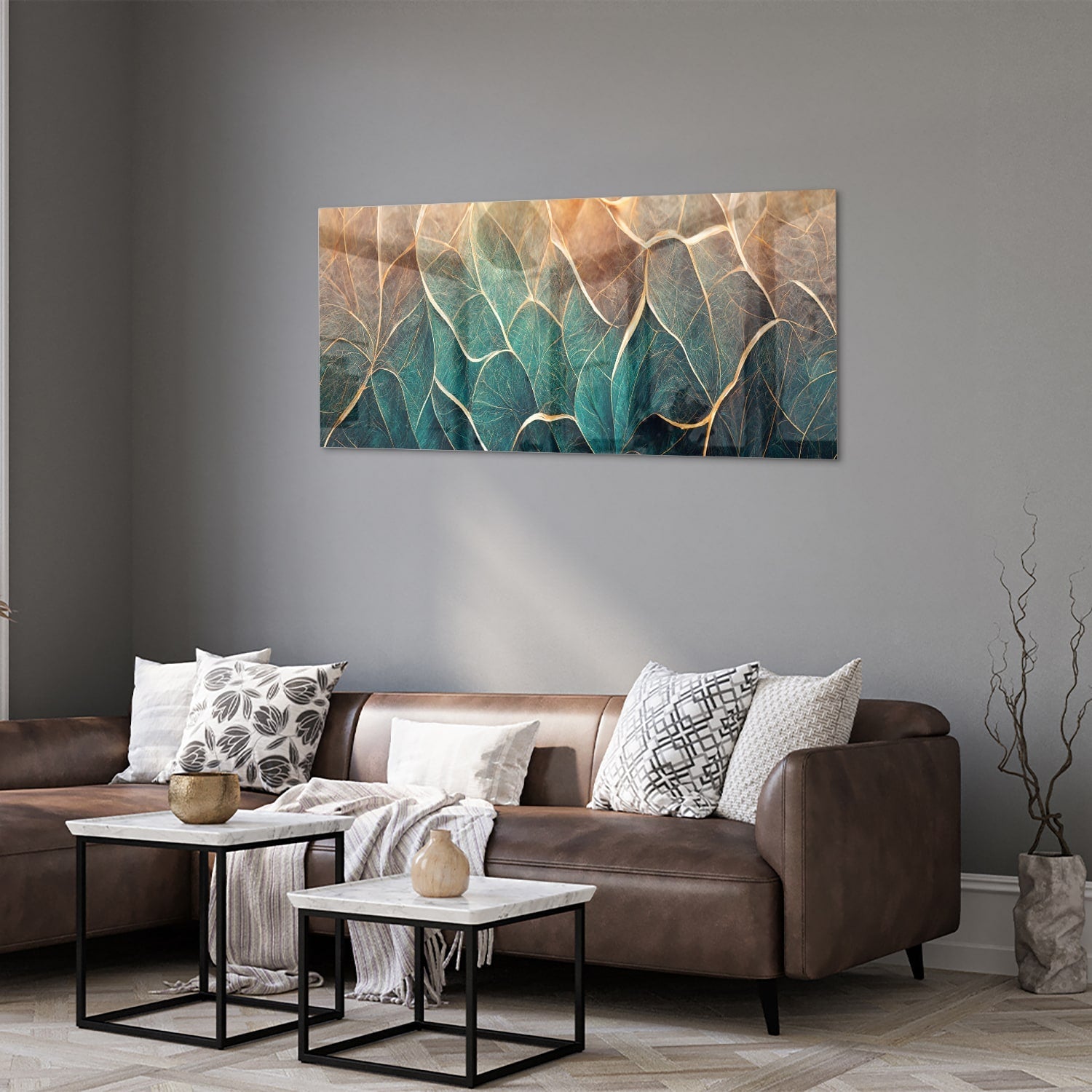 Glasbild mit Blättern und goldenen Linien – Glasbild aus Sicherheitsglas, Größe 40x40_rond