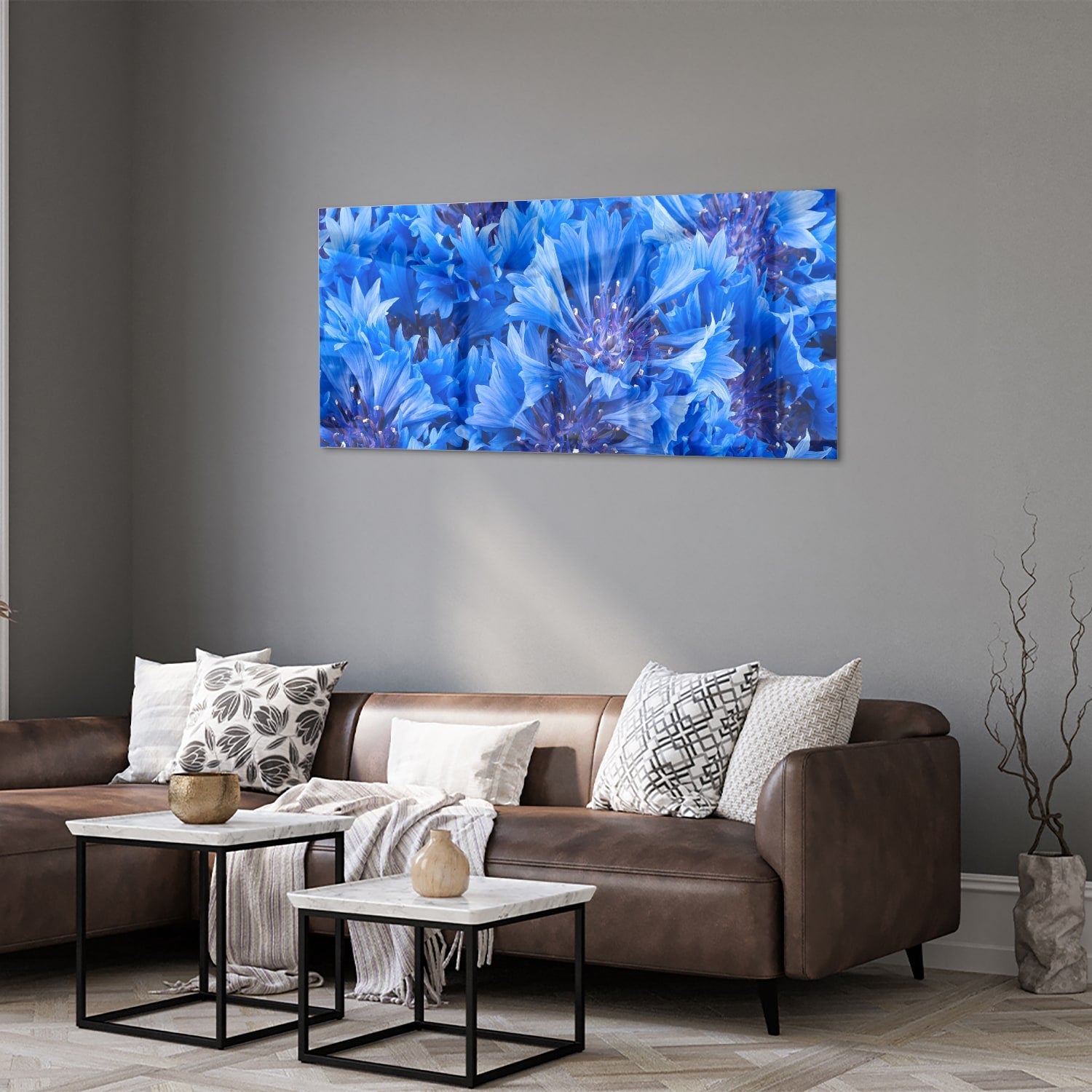 Blaues Glasbild mit Blumenmotiv – Glasbild aus Sicherheitsglas, Größe 40x40_rond