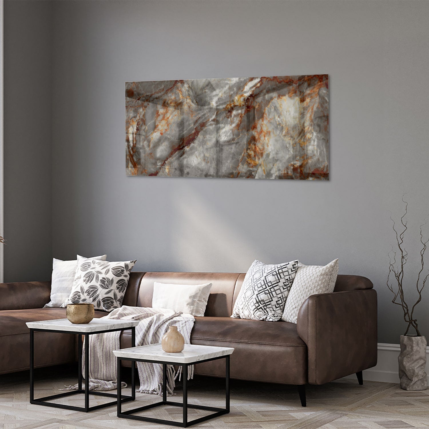 Glänzendes Glasbild mit Marmoroptik in Grau – Glasbild aus Sicherheitsglas, Größe 40x40_rond