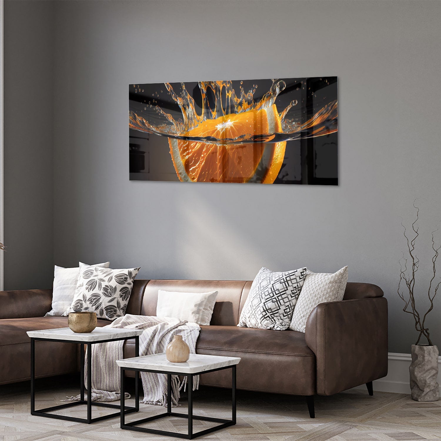Dynamisches orangefarbenes Glasbild – Glasbild aus Sicherheitsglas, Größe 40x40_rond