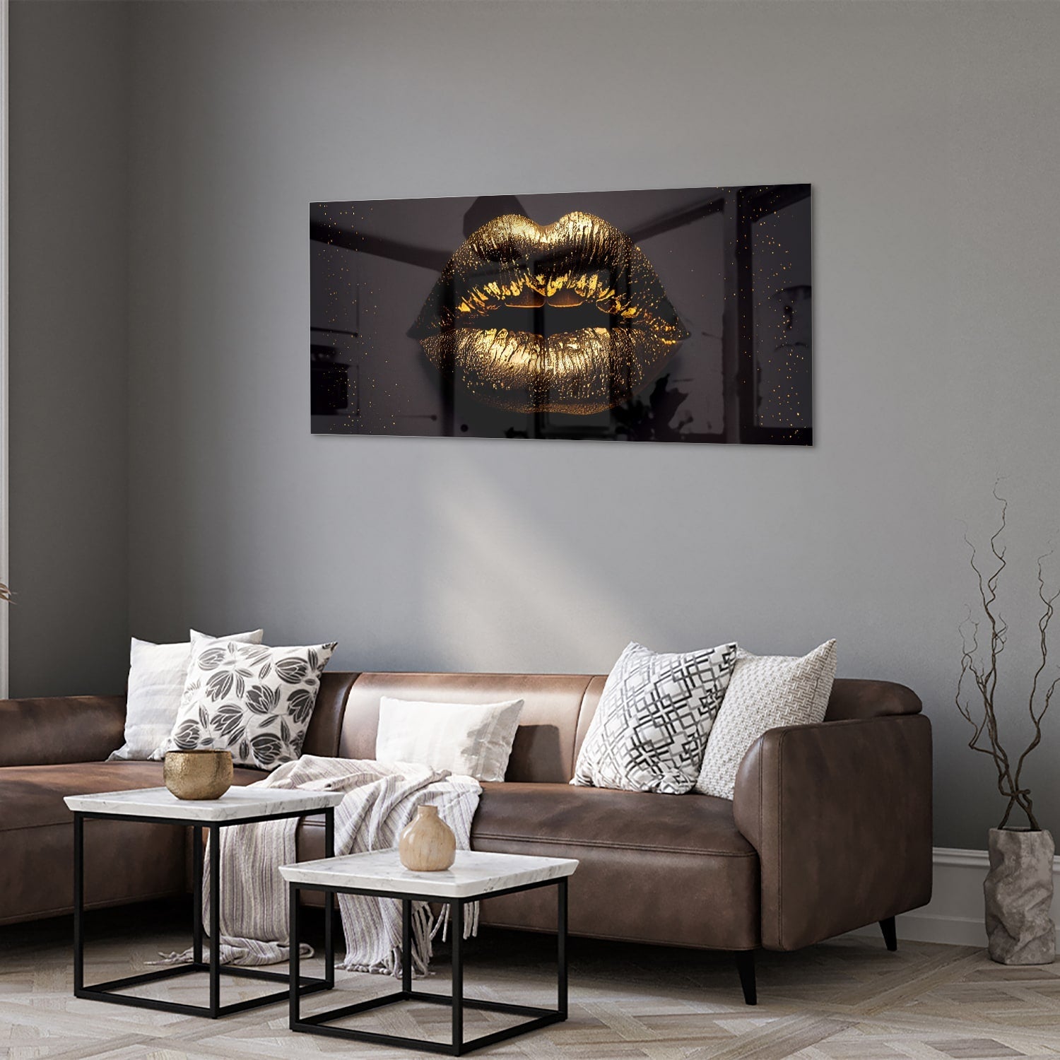 Glasbild mit goldenen Lippen für ein luxuriöses Interieur – Glasbild aus Sicherheitsglas, Größe 40x40_rond