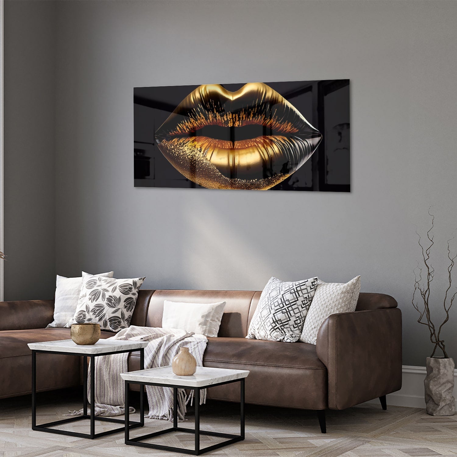 Glasbild mit goldenen Lippen – elegante Wanddekoration – Glasbild aus Sicherheitsglas, Größe 40x40_rond