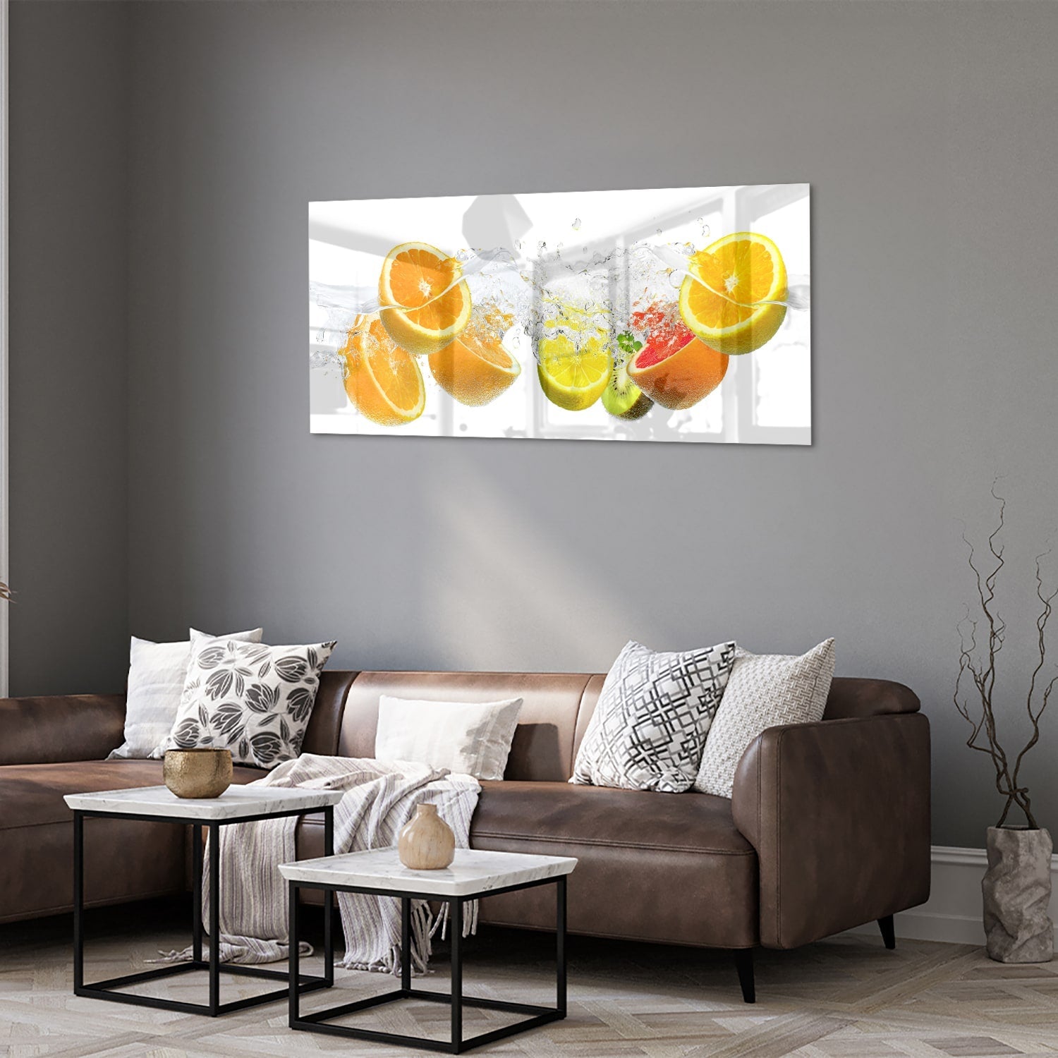 Erfrischendes Glasbild mit Zitrusfrüchten – Glasbild aus Sicherheitsglas, Größe 40x40_rond