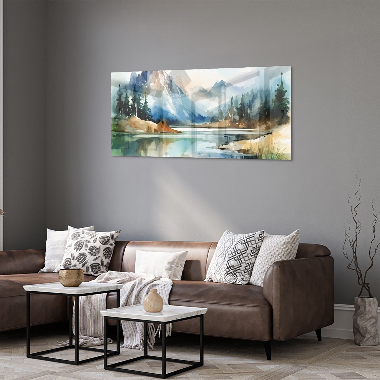 Glasbild mit Bergen und See im Aquarellstil – Glasbild aus Sicherheitsglas, Größe 40x40_rond