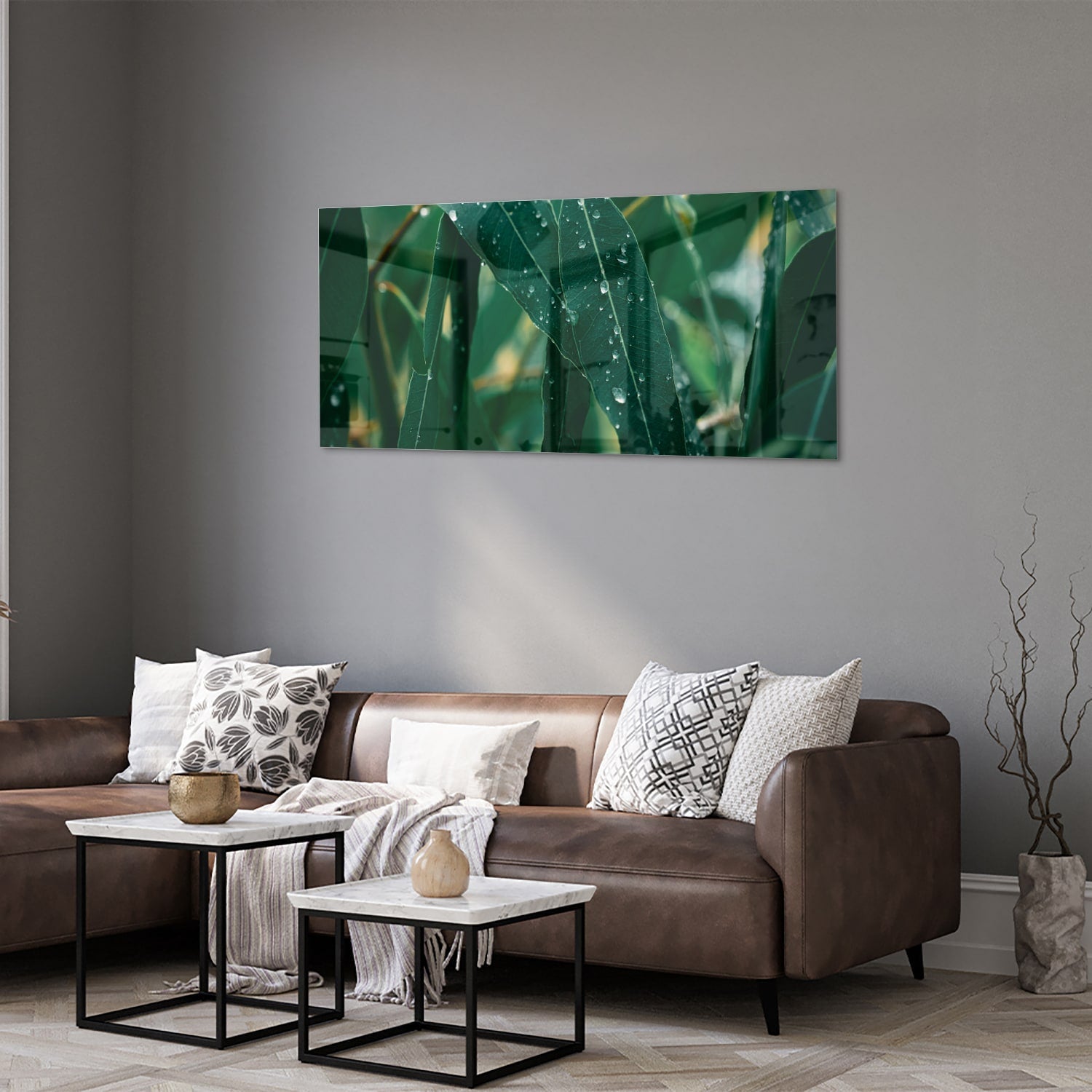 Glasbild mit grünen Blättern und Tautropfen – Glasbild aus Sicherheitsglas, Größe 40x40_rond