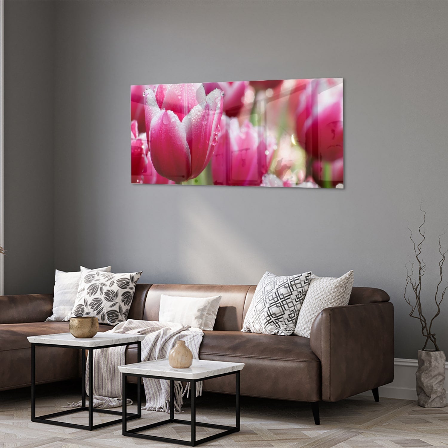 Glasbild mit bezaubernden rosa Tulpen – Glasbild aus Sicherheitsglas, Größe 40x40_rond