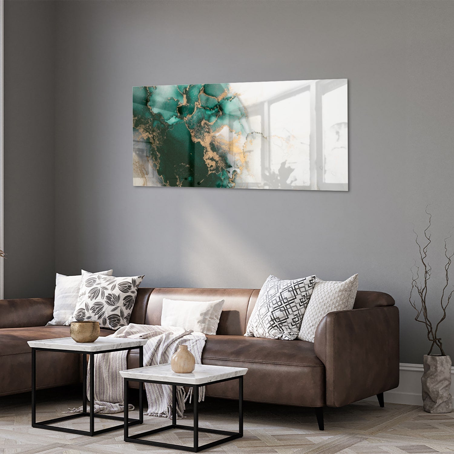 Elegantes Glasbild in grünen Farbtönen – Glasbild aus Sicherheitsglas, Größe 40x40_rond