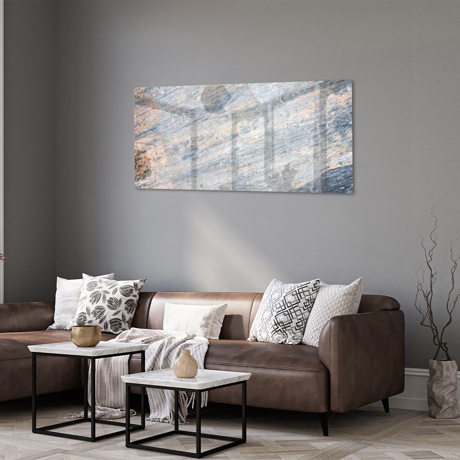 Abstraktes Glasbild mit blauen und orangefarbenen Tönen – Glasbild aus Sicherheitsglas, Größe 40x40_rond