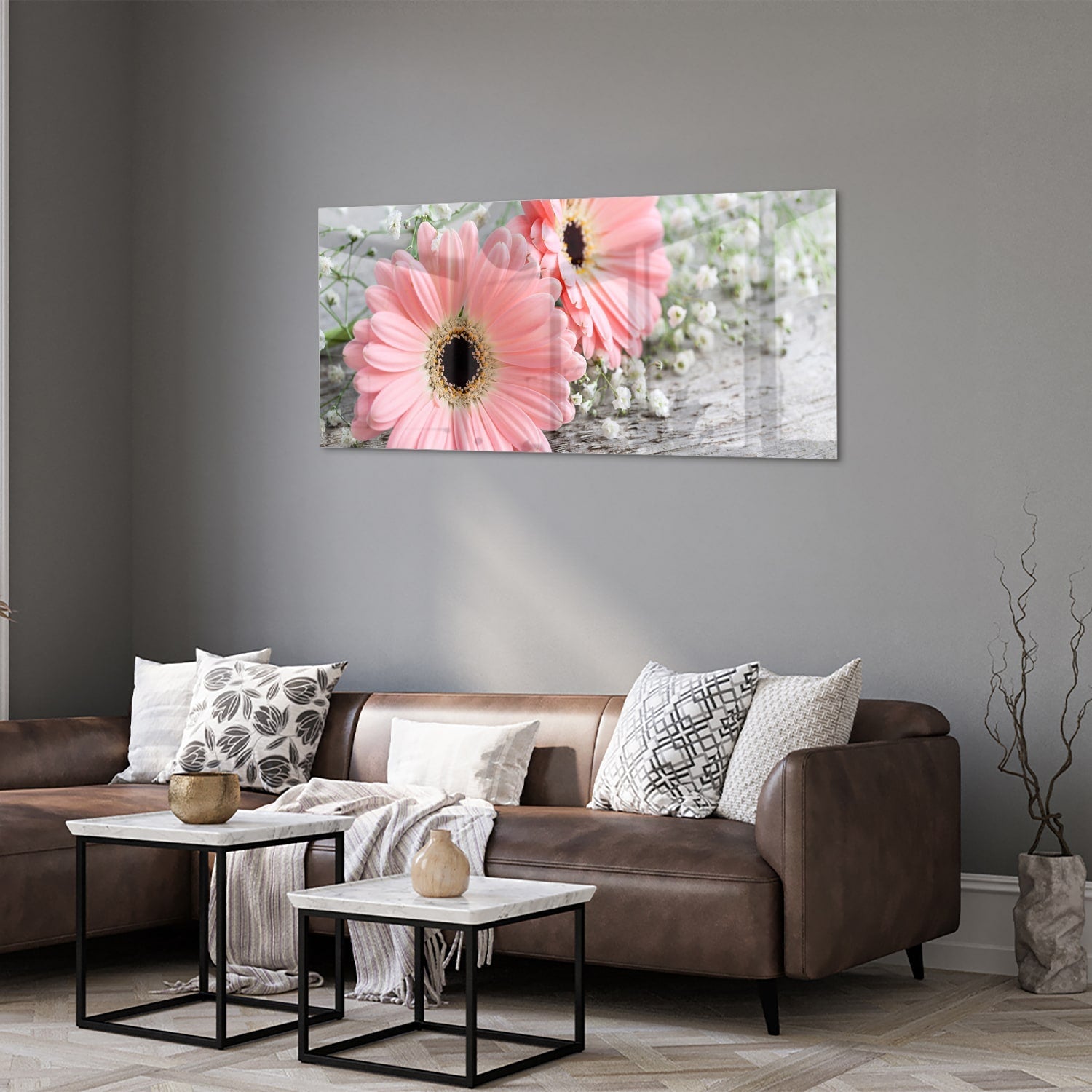 Rosafarbenes Gerbera-Glasbild für ein modernes Zuhause – Glasbild aus Sicherheitsglas, Größe 40x40_rond