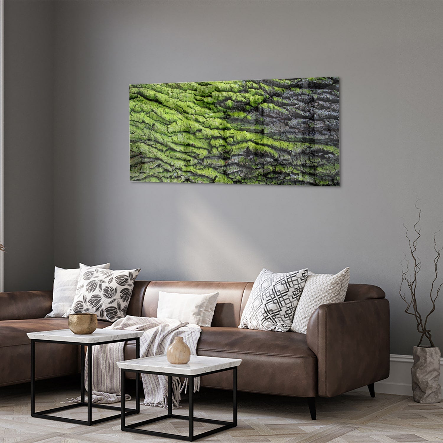 Glasbild mit moosartiger Textur – Glasbild aus Sicherheitsglas, Größe 40x40_rond