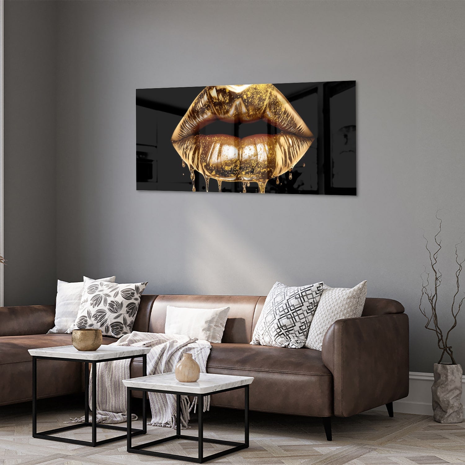 Glasbild mit goldenen Lippen – Wanddekoration für elegante Innenräume – Glasbild aus Sicherheitsglas, Größe 40x40_rond