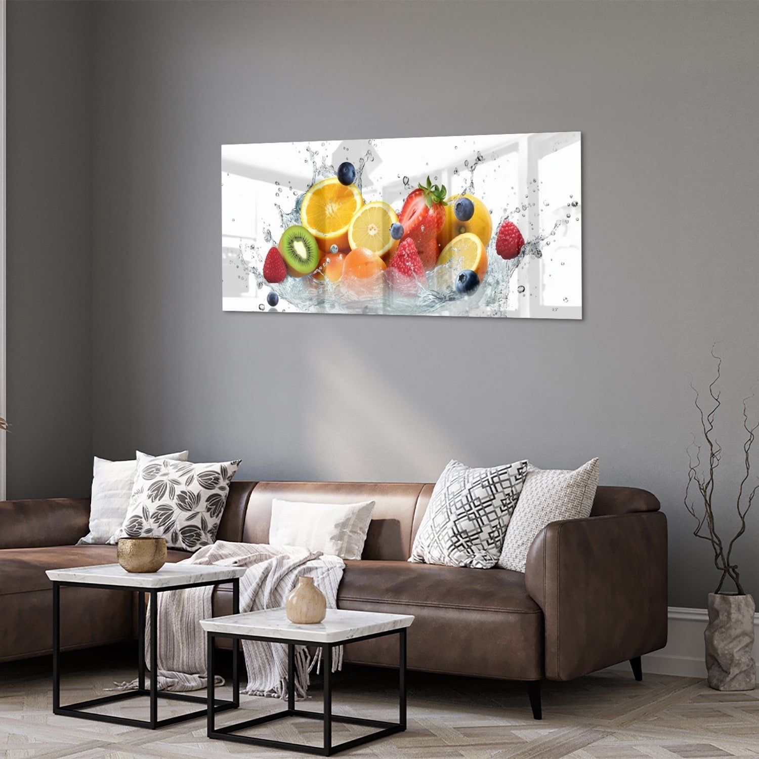 Stimmungsvolles Glasbild mit farbenfroher Fruchtkomposition – Glasbild aus Sicherheitsglas, Größe 40x40_rond