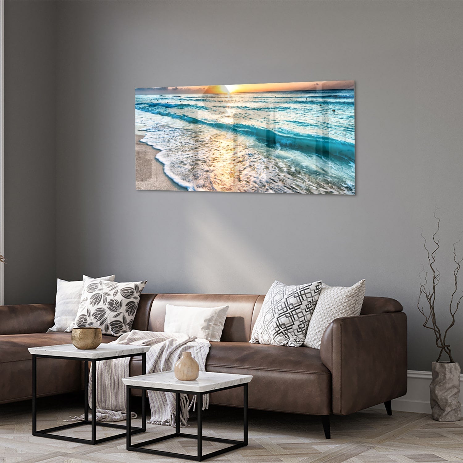 Wunderschönes Glasbild mit einem Sonnenuntergang am See – Glasbild aus Sicherheitsglas, Größe 40x40_rond