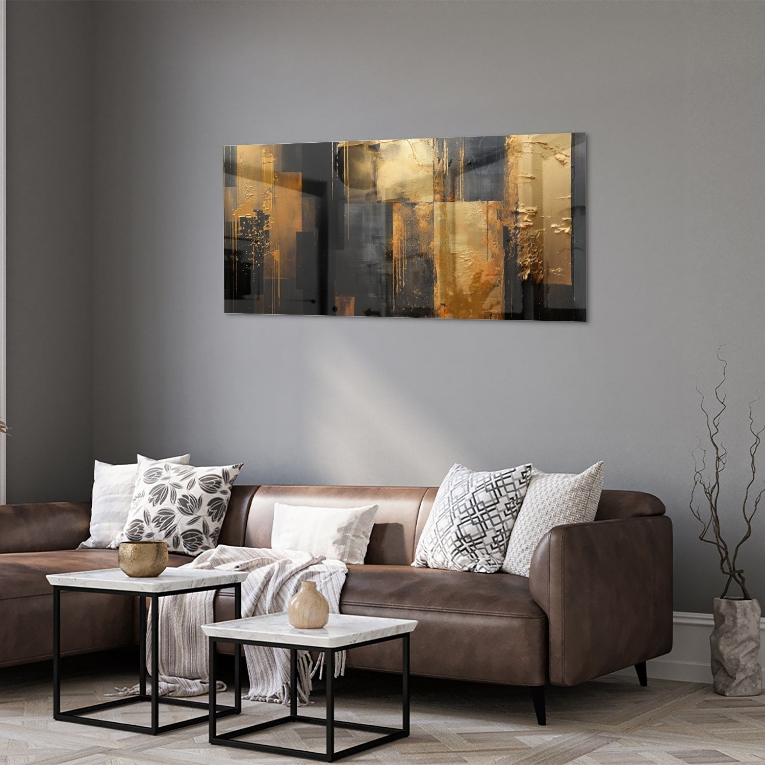 Abstraktes Glasbild in Gold und Schwarz – Glasbild aus Sicherheitsglas, Größe 40x40_rond